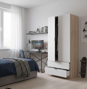 Dmora Dmora - Guardarropa Donan, Armario Dormitorio Con 2 Puertas Y 2 Cajones, Mueble Con Barra Para Colgar Ropa, 82x52h180 Cm, Blanco Y Roble