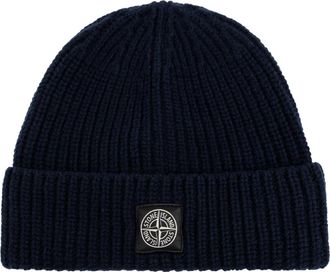 Stone Island Wollen muts met logopatch - Heren - Hoeden - Blauw - ONE Size - Wol - Accessoires