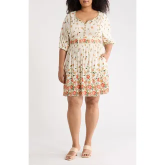Max Studio Floral Puff Sleeve Dress in Natural/Red Poppy at Nordstrom Rack, Size 2 X