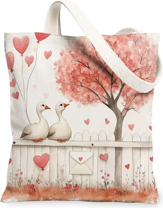 Generic Valentines Day Goose Canvas Tote Bag for Shopping 13x15, Farmhouse Country Animal Couple Reusable Grocery Print Pattern Bag for Women, Lover Beach Aes