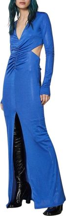 Patrizia Pepe Maxi jurk met open rug en ruches - Dames - Maxi kleedjes - Blauw - L - Polyester - Kleedjes