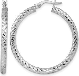 Diamond2Deal 14K White Gold Diamond-cut and Twisted 3.0mm Round Hoop Earrings