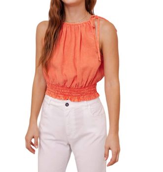 Bella Dahl Smocked Waist Tie Neck Cami Top In Mandarin Orange