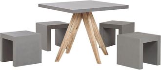 Beliani Conjunto De Comedor Para Jard&iacute;n De Cemento Reforzado Gris Con Patas De Madera De Acacia Para 4 Personas Mesa Cuadrada Con 4 Taburetes Olbia/taranto