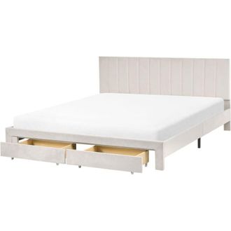 Beliani Letto matrimoniale moderno UE 180 x 200 cm con cassetti Testiera Velluto Rivestimento Base a doghe Bianco Sporco Lonzac