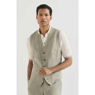 Brunello Cucinelli Linen micro chevron waistcoat in Sage at Nordstrom, Size 52