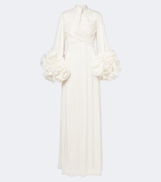 Costarellos Floral-appliqu&eacute; pleated gown