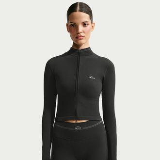 Nike Womens SKIMS Ribbed Seamless Cropped Full-Zip Jacket in Black | IR5149-054