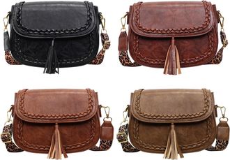 Generic PU Leather Shoulder Bag Casual Flap Bag with Tassel Handbags for Women (Black)