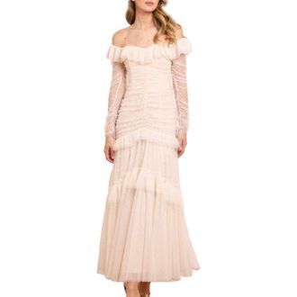 Needle & Thread Sequin Glimmer Rouched Off-shoulder Gown in Cream at Nordstrom, Size 12