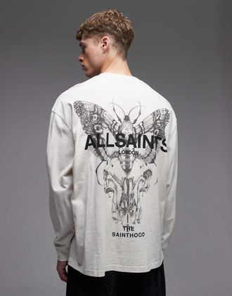 AllSaints Hallis - T-shirt a maniche lunghe bianco sporco con grafica del logo e stampa sul retro