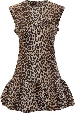 Ganni Brown Animal Print Round Neck Mini Dress