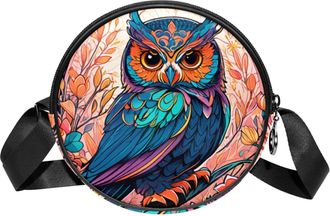 Generic Circle Crossbody Bag for Women, Color Drawing Owl Small Sling Bag Daypack with Zipper Adjustable Shoulder Straps Casual Ladies Girls Round Purse