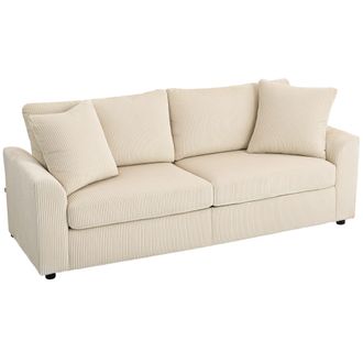 HOMCOM 212 Cm Upholstered Jumbo Cord Sofa Couch With Spring Cushion - Cream | TJ Hughes