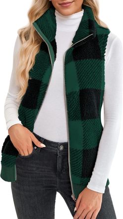 Feoya Womens Fuzzy Fleece Vest Stand Collar Casual Warm Sleeveless Zip Up Sherpa Vest Jackets with Pockets for Fall Winter M