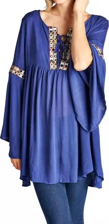 Velzera Embroidered Bell Sleeve Top In Blue