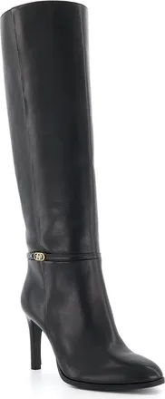 Dune London Womens Ladies Symbolic - Branded-Strap Heeled Knee-High Boots - Black Leather (archived) - Size UK 3