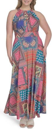 Eliza J Mixed Scarf Print Sleeveless Maxi Dress in Pink Multi at Nordstrom, Size 14W