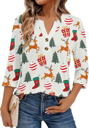 Generic Womens 3/4 Sleeve Christmas Print Henley Blouse, Trendy Fall Fashion Top 2025, Casual & Dressy Shirt (UK, Alpha, XL, Regular, Regular, Christmas02)