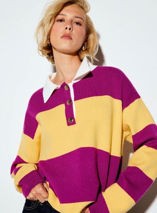 Icone Womens Golden buttons polo collar striped cropped sweater
