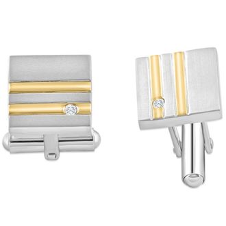 Pompeii3 Mens Stainless Steel And Gold Double Striped Square Polished 14mm Cufflink