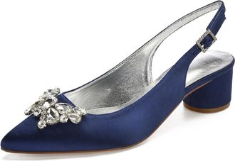 Generic Womens Pumps Pointed Toe Bridal Chunky Heel Slingback Heels Wedding Prom Party Dress Low Heels 4.5Cm,Dark Blue,5 UK