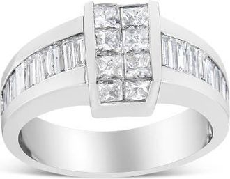 House of Brilliance 14K White Gold 2 3/4 Cttw Invisible-Set Princess and Channel-Set Baguette Diamond Step Up Cocktail Ring (G-H Color, SI1-SI2