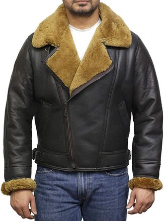 Brandslock Men Aviator Real Shearling Sheepskin Leather Bomber Flying Jacket (L, Brown)
