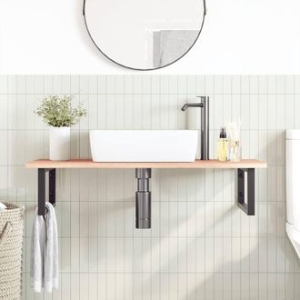Berkfield Home Elegant Basin Shelf Wall Mounted Steel & Solid Wood Oak in Light Brown