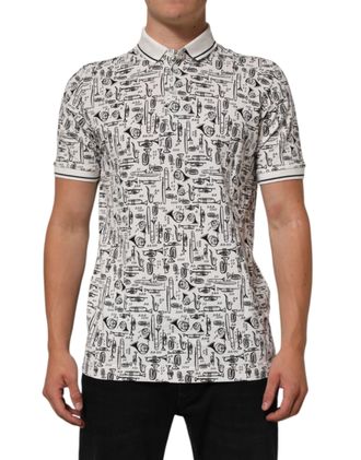 Dolce & Gabbana White Musical Print Collared Polo Mens T-shirt