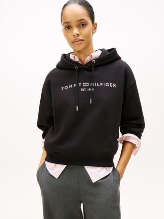 Tommy Hilfiger Kapuzensweatshirt TOMMY HILFIGER CORP LOGO MDRN HOODIE, Damen, Gr. XXL (44), schwarz, Sweatware, Obermaterial: 63% Baumwolle, 37% Polyester, bedruckt,