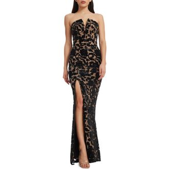 Dress The Population Fernanda Floral Sequin Strapless Evening Gown in Black-Beige at Nordstrom Rack, Size X-Large