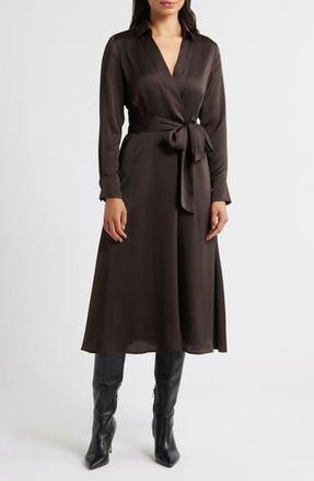 Tahari by ASL Printed Long Sleeve Faux Wrap Matte Satin Shirtdress in Chocolate at Nordstrom Rack, Size 12