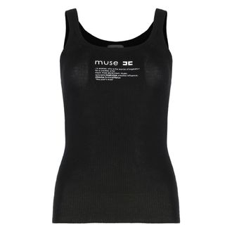Elisabetta Franchi Sleeveless Tops, female, Black, XS, Knit Top with Lettering Detail