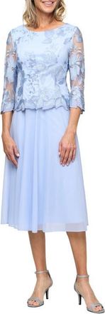 Alex Evenings Illusion Sleeve Embroidered Midi Dress in Hydrangea at Nordstrom, Size 10