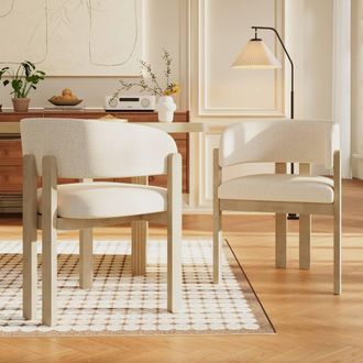 Merax Set of 6 Natural Wood Boucl&eacute; Dining Chairs in Beige