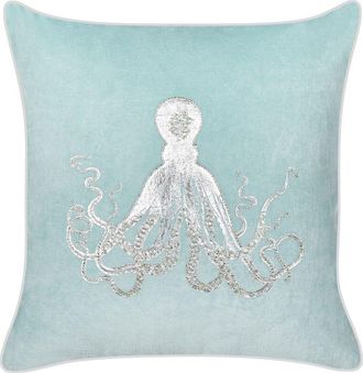 Beliani Coj&iacute;n Cuadrado Terciopelo Marino Relleno Poli&eacute;ster Motivo Pulpo Azul Laminaria