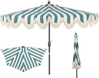 Jonathan Y Designs Beverly 9 ft. Designer Classic Scalloped Fringe Half Market Patio Umbrella with Crank, Push Button Tilt and UV Protection in Green/white