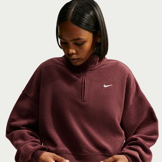 Nike Womens Studio Fleece Medium Weight Plush Oversized 1/4-Zip Cropped Top in Purple | IM8365-658