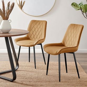 Furniturebox Set of 2 Pesaro Luxury Velvet Dining Chairs With Diamond Stitched Back & Black Metal Legs in Mustard