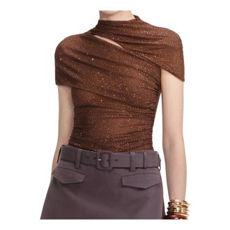 Self Portrait Blouses, female, Brown, Size: XS Rhinestone Mesh Cut Out Top