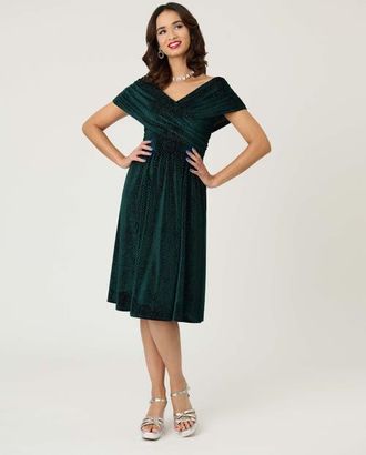 Unique Vintage Shirred Off Shoulder Swing Dress in Emerald at Nordstrom, Size X-Large
