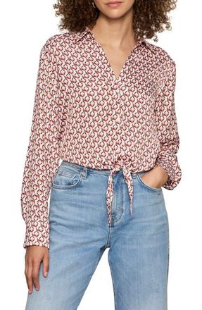 Sanctuary Lover Print Tie Hem Crop Sateen Shirt in Petal Grid Pink at Nordstrom, Size Xx-Large P