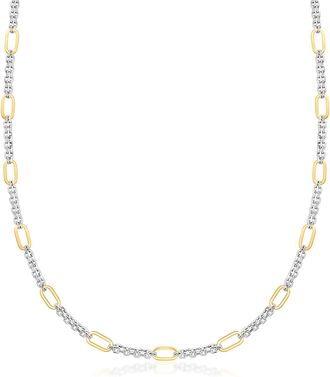 Ross-Simons Sterling Silver and 18kt Gold Over Sterling Cable and Paper Clip Link Station Necklace