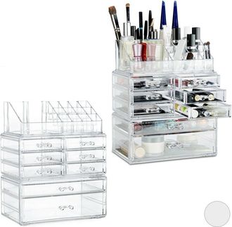 Relaxdays Relaxdays - Set de 2 Organizadores de Maquillaje con Cajones, Fibra Acrílica, Neceser Apilable, Joyero, Transparente