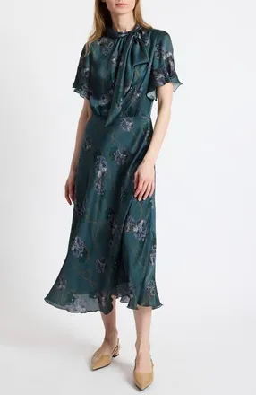 Santorelli Sabrina Short Sleeve Tie Neck Midi Dress in Steel Teal at Nordstrom, Size 12