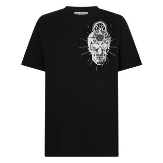 Philipp Plein Tops, Heren, Zwart, 3Xl, Katoen, Ronde Hals T-Shirt Skull Tattoo
