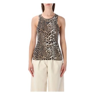 Ganni Sleeveless Tops, female, Brown, Size: L Leopard Rib Tank Top
