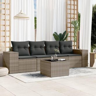 vidaXL Juego De Sof&aacute;s Jard&iacute;n Con Cojines 5 Pzas Rat&aacute;n Sint&eacute;tico Gris Vidaxl