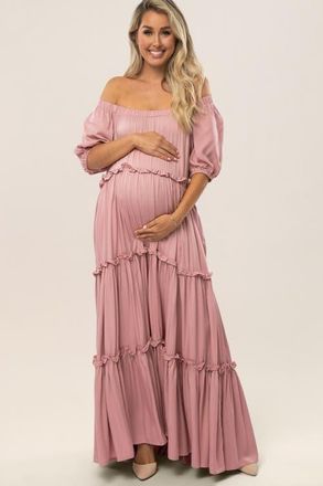 Pinkblush Off Shoulder Ruffle Tiered Maxi Dress in Mauve at Nordstrom, Size Medium